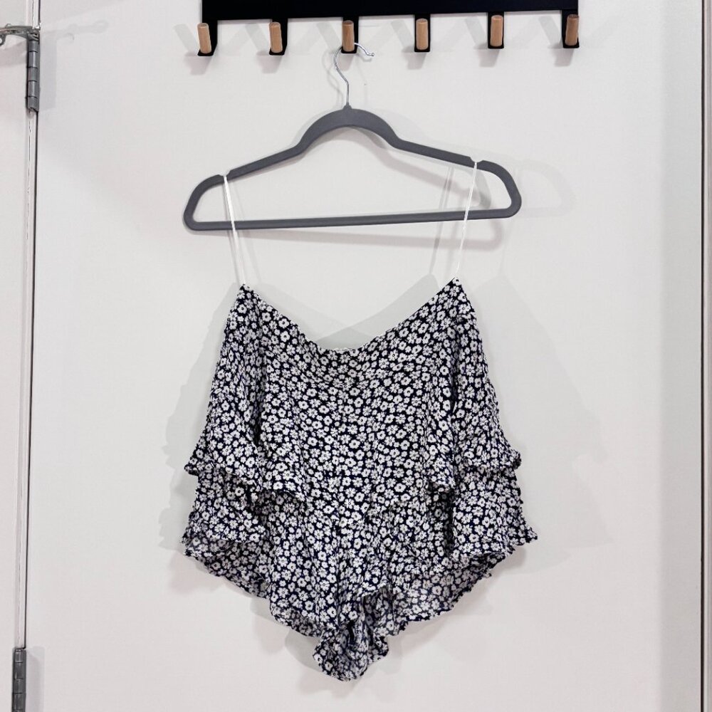 Altar'd State Navy White Floral Ruffle Shorts S